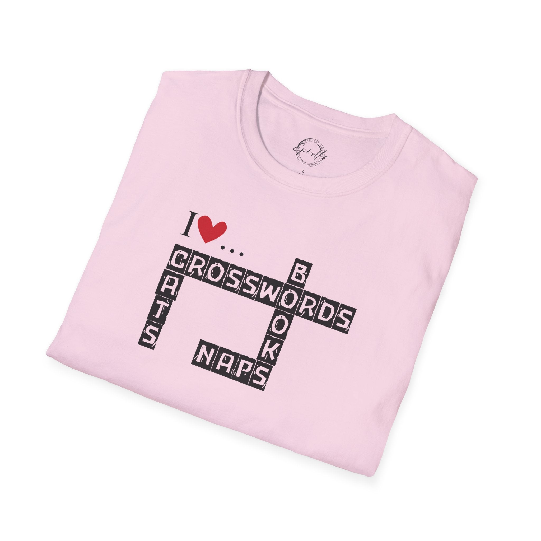 Photo depicting the ​Crosswords and Cats Unisex Softstyle T-Shirt from EpiAl's Shop.