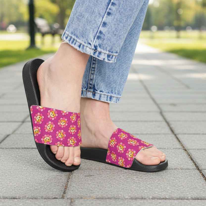 Flower Cat Slide Sandals – Pink Paw Bloom Slides with Interchangeable Straps