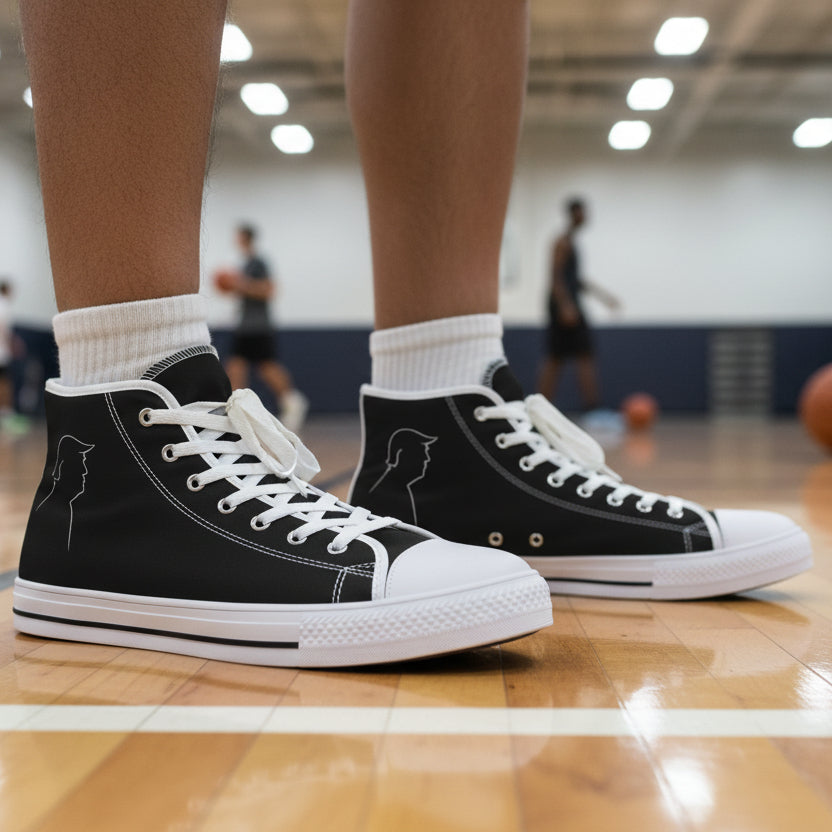 Men's Black High-Top Canvas Sneakers | Graphic Streetwear Style