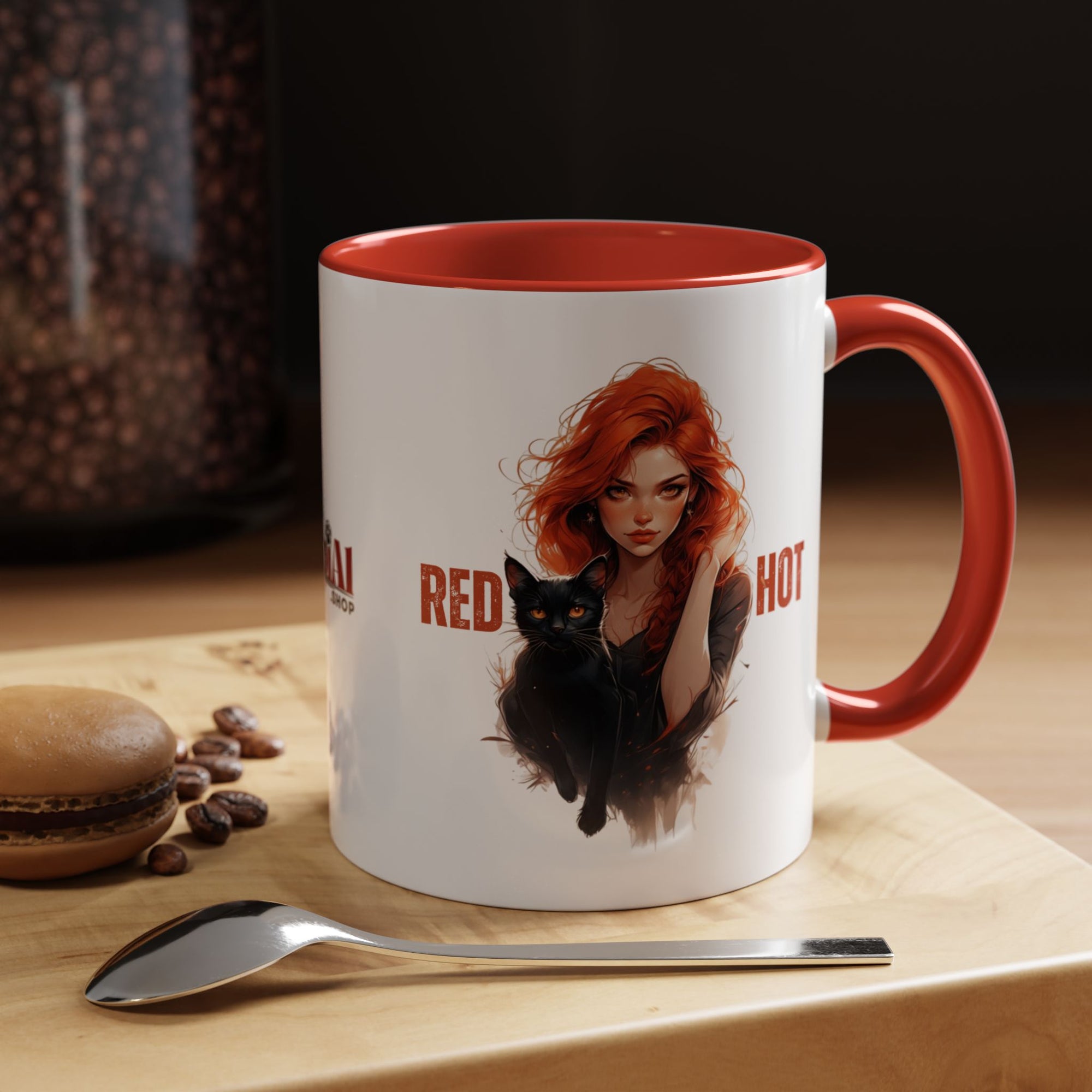 Red Hot Coffee Mug with Artistic Cat-Themed Design