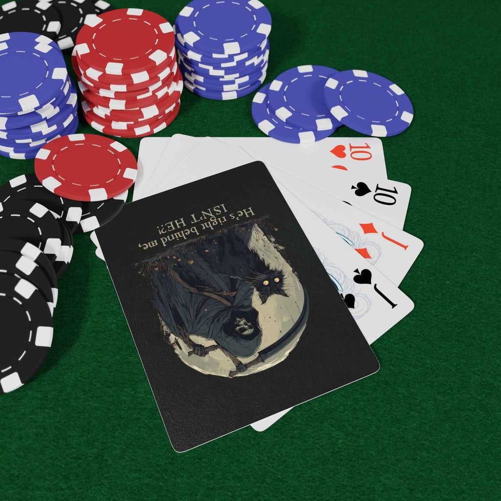 “He’s Right Behind Me, Isn’t He?” Black Cat Poker Playing Cards – Whimsical Dark Art Deck