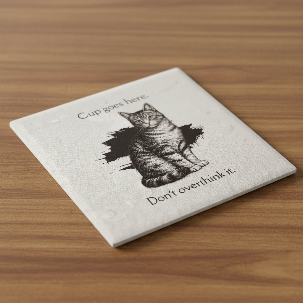 “Cup Goes Here” Cat Coaster – Vintage Sketch Ceramic Coaster with Cork Backing | Funny Minimalist Cat Decor