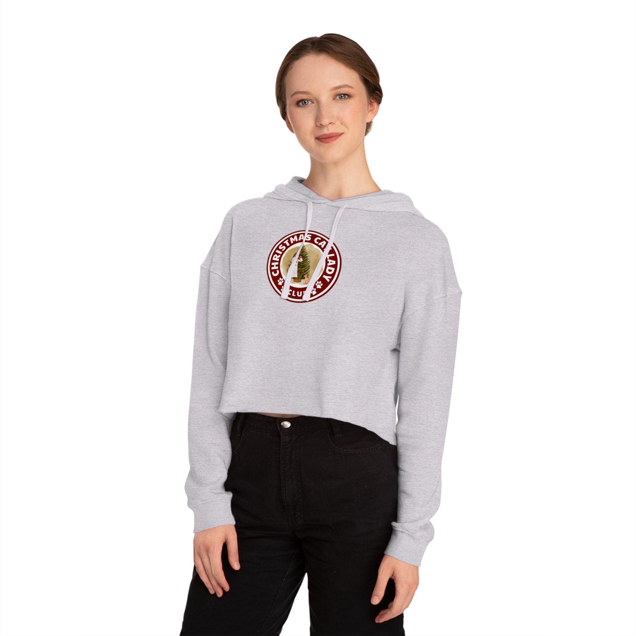Photo depicting the ​Christmas Cat Lady Club Women’s Cropped Hooded Sweatshirt from EpiAl's Shop.