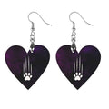 Heart-Shaped Cat Scratch Earrings – Purple Black Cat Lover Wood Dangles