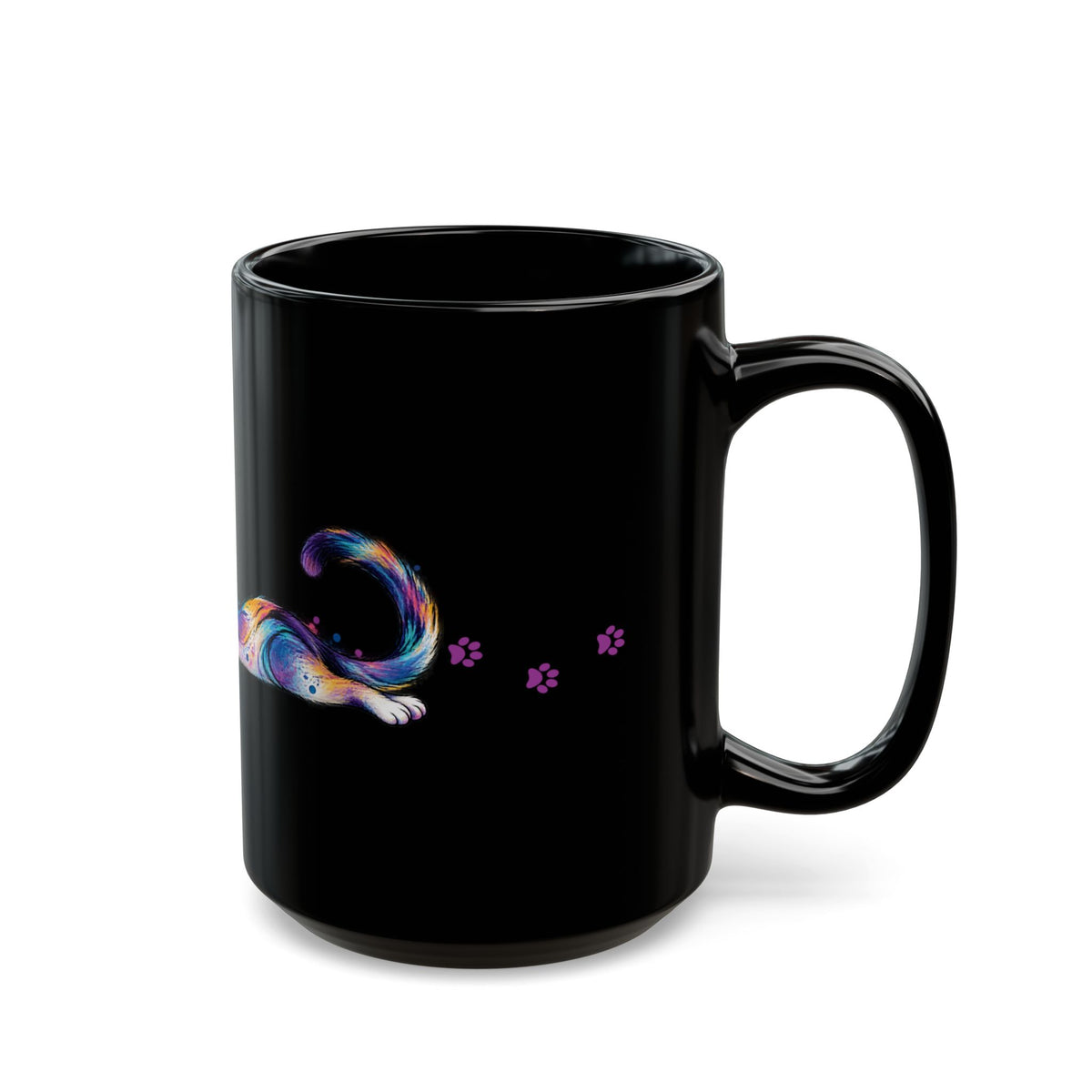 Colorful Stretching Cat Black Ceramic Mug | Whimsical Cat Lover Gift (11oz/15oz)