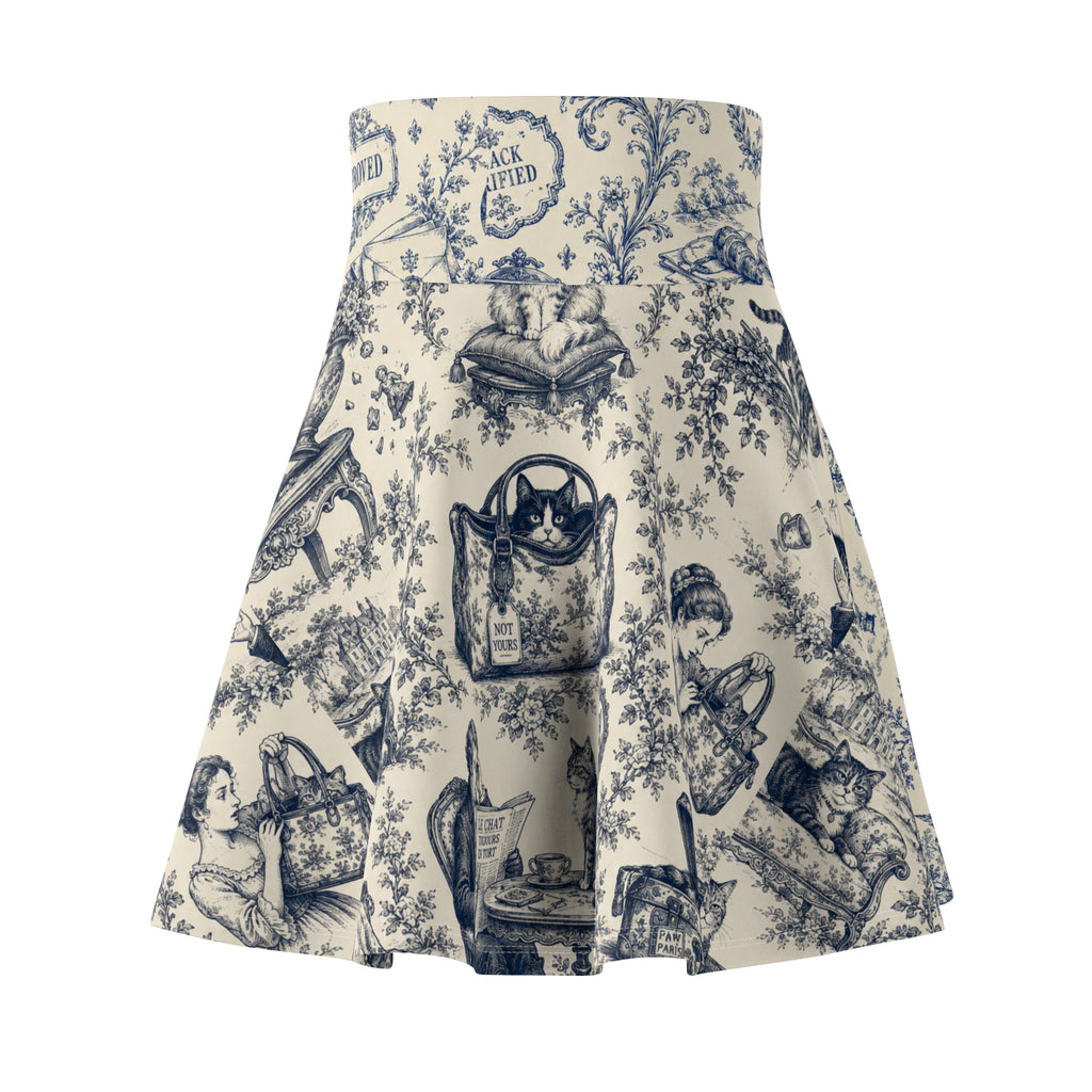 Vintage Office Toile Skater Skirt – Blue and Ivory High-Waisted Flared Skirt