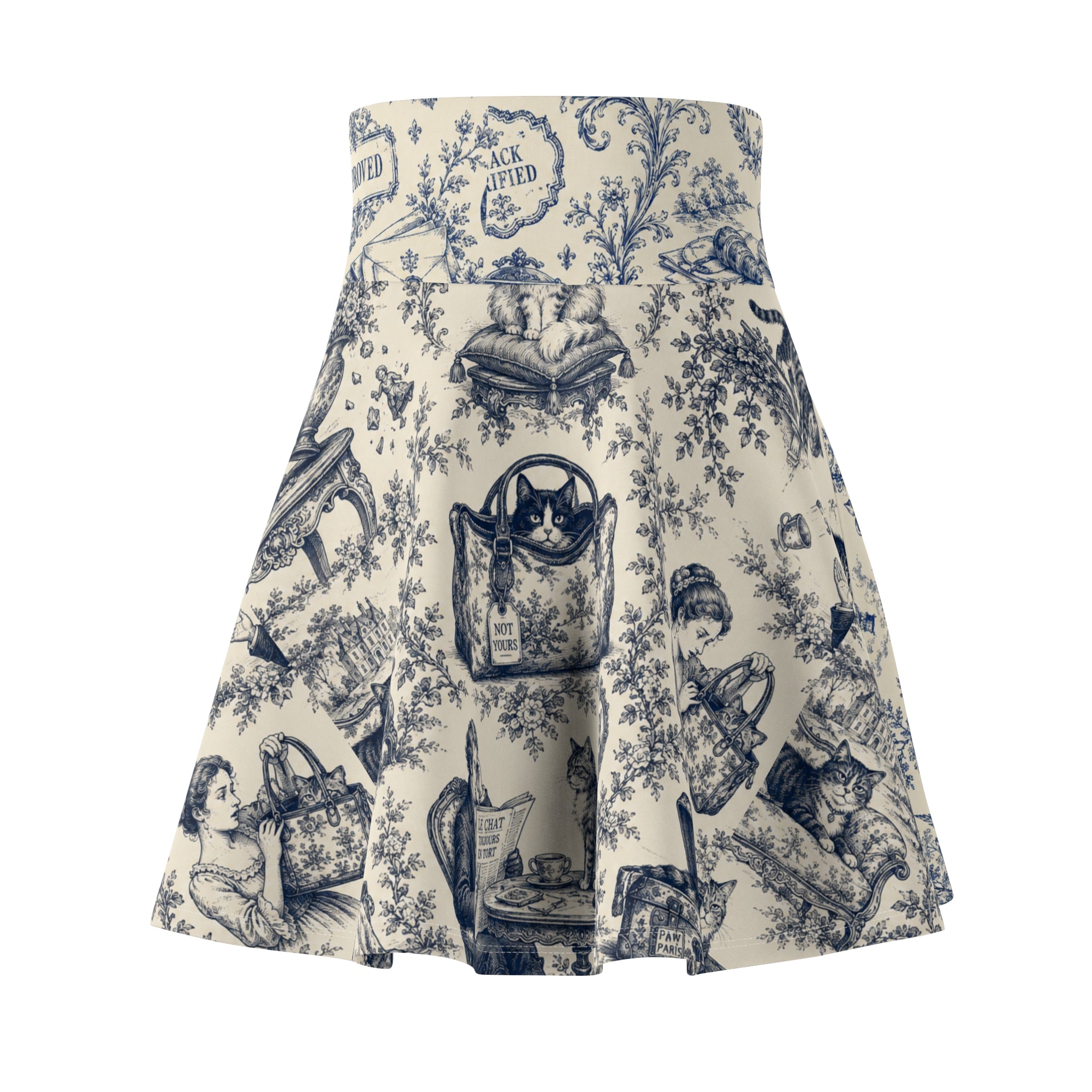 Vintage Office Toile Skater Skirt – Blue and Ivory High-Waisted Flared Skirt