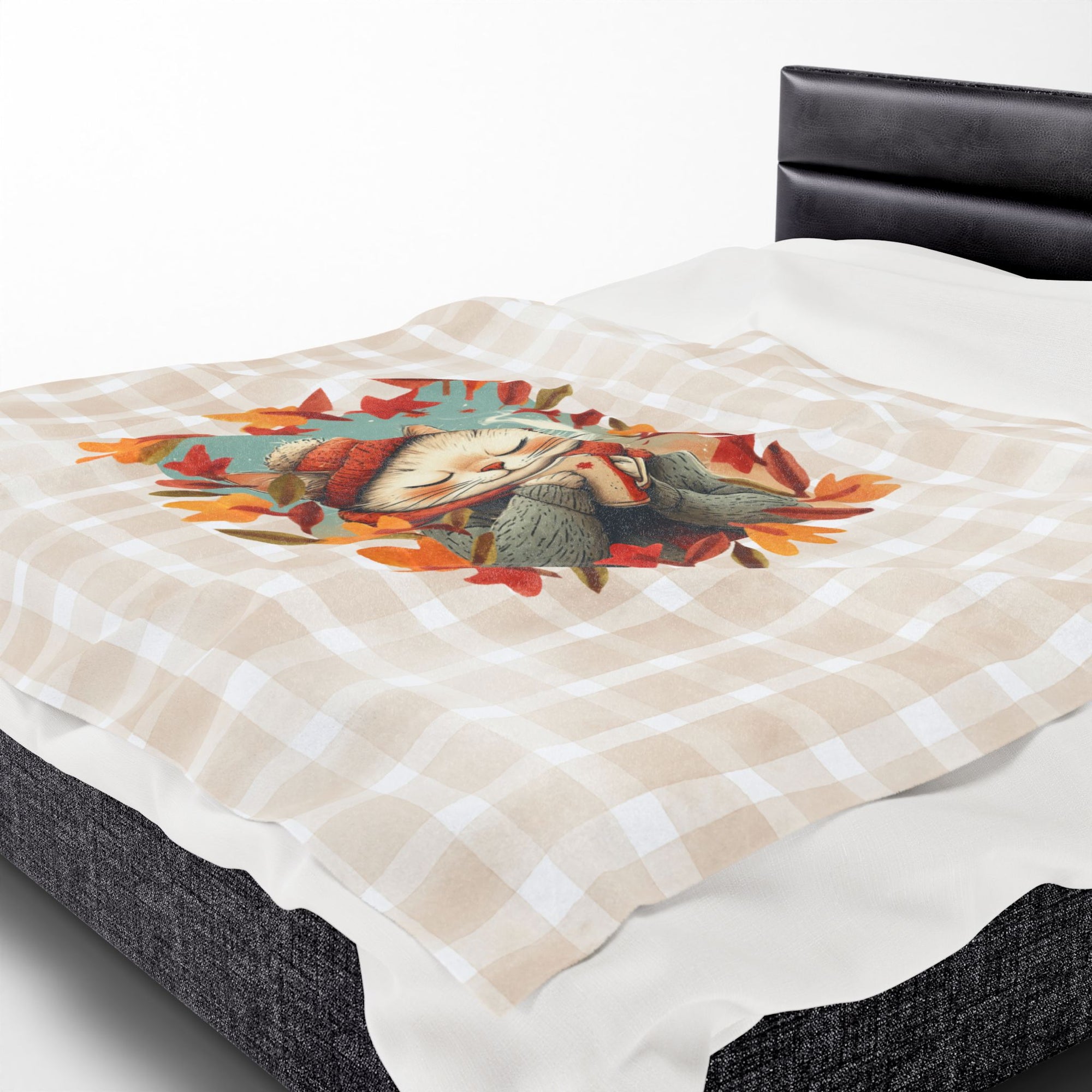 Hot Chocolate Cat Plush Blanket, Soft Throw for Fall