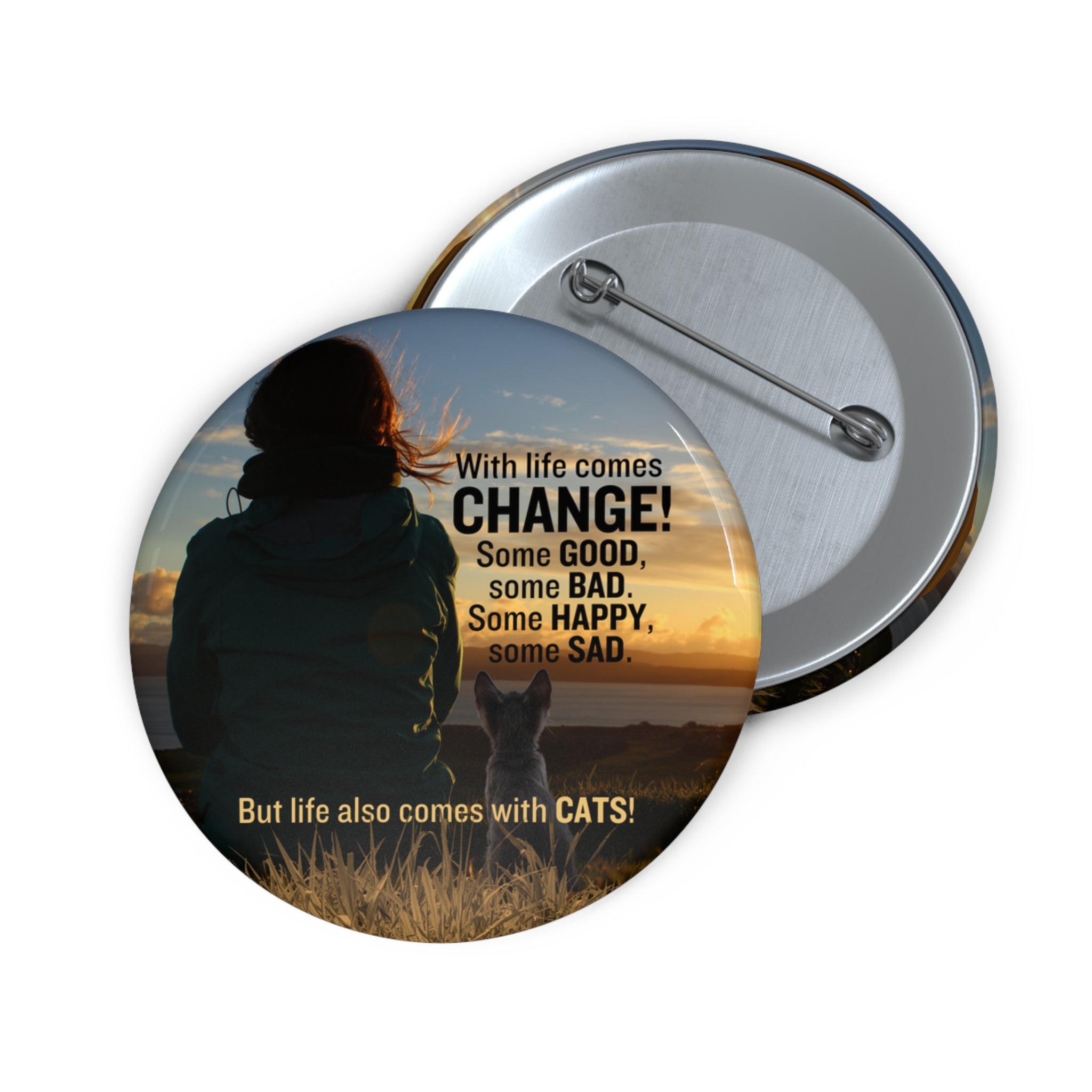 Photo depicting the ​Life Comes with Cats Custom Pin Buttons from EpiAl's Shop.