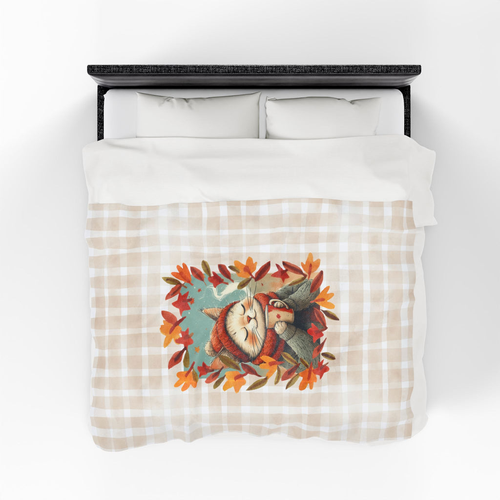 Hot Chocolate Cat Plush Blanket, Soft Throw for Fall