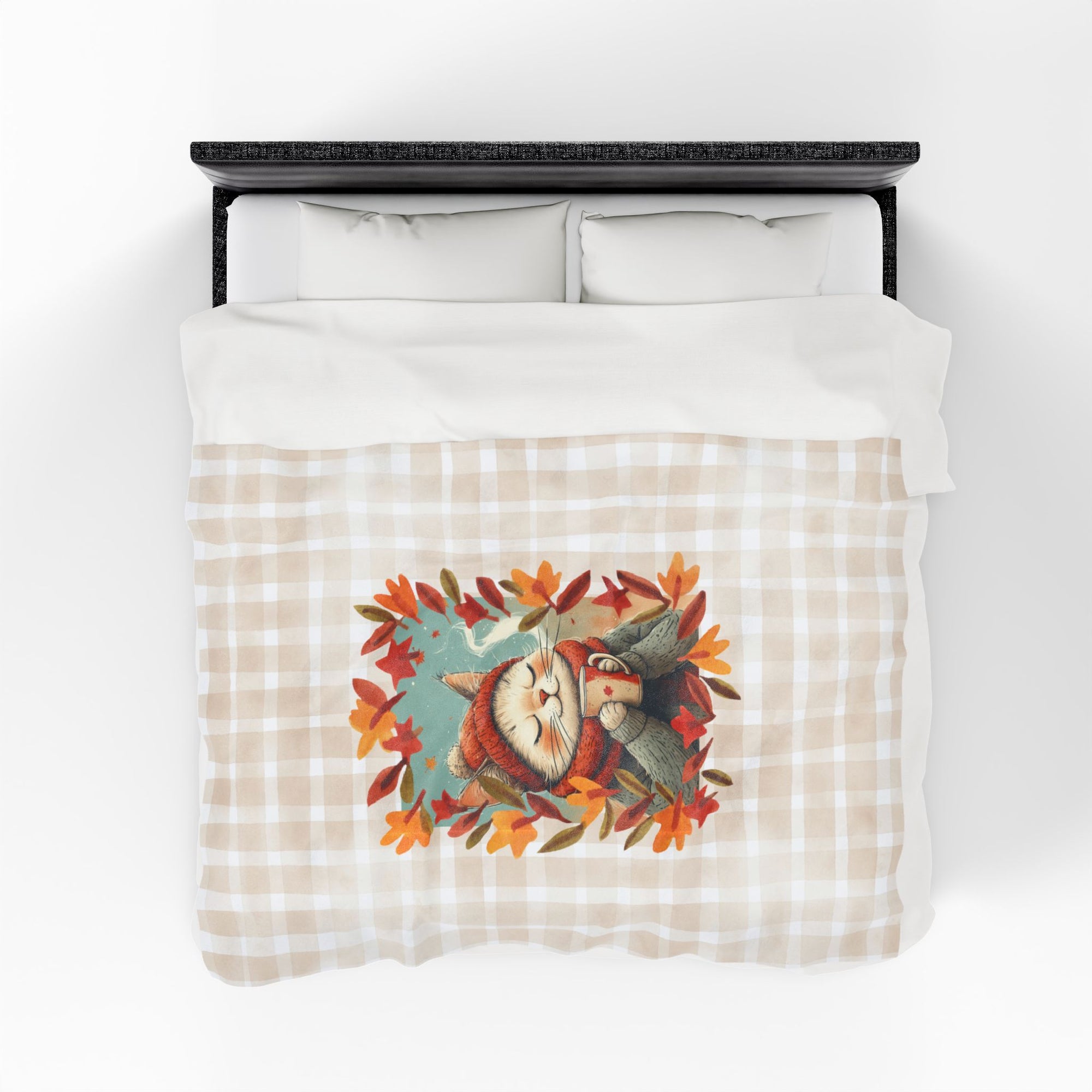 Hot Chocolate Cat Plush Blanket, Soft Throw for Fall