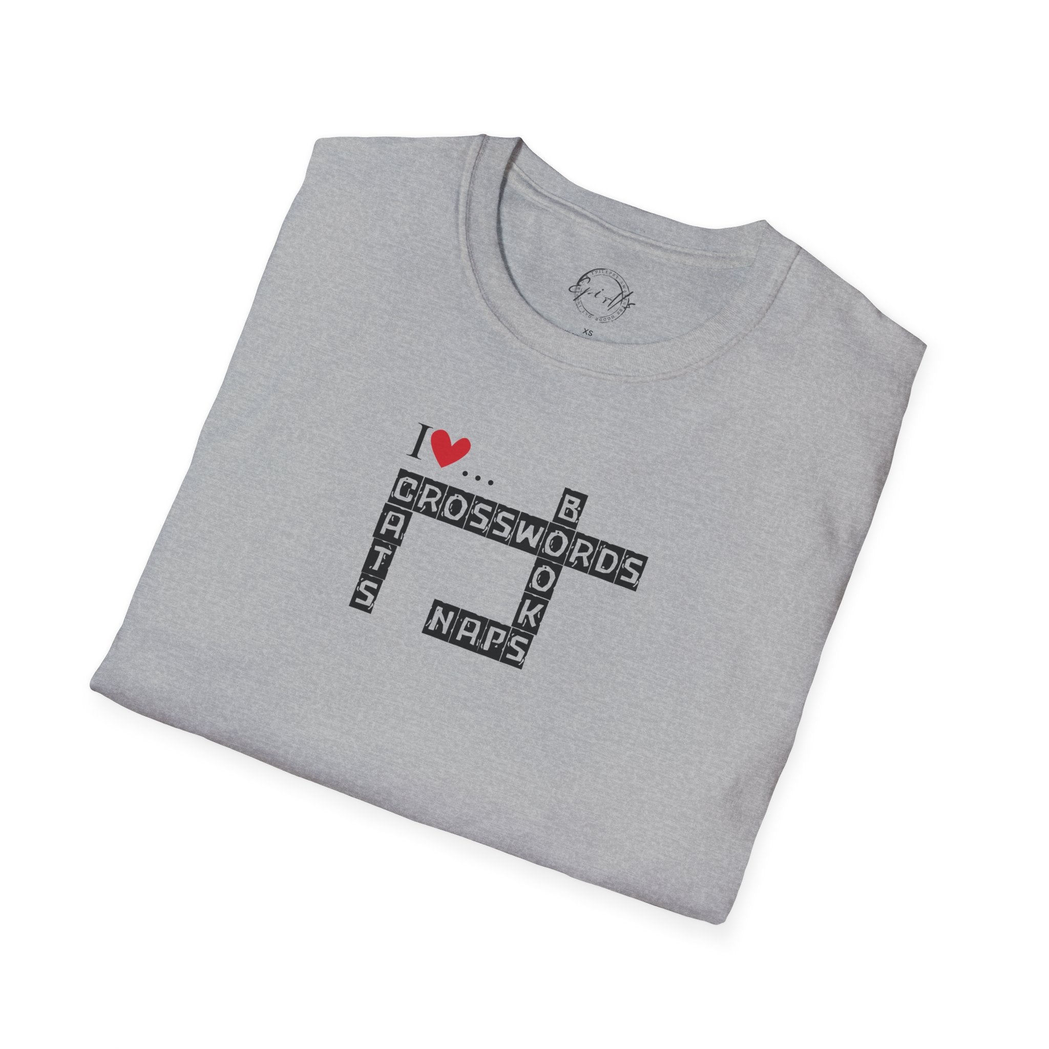 Photo depicting the ​Crosswords and Cats Unisex Softstyle T-Shirt from EpiAl's Shop.