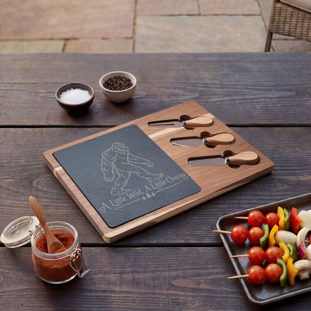 Bigfoot Charcuterie Board | A Little Wild, A Little Cheesy | Engraved Slate & Acacia Wood Cheese Board