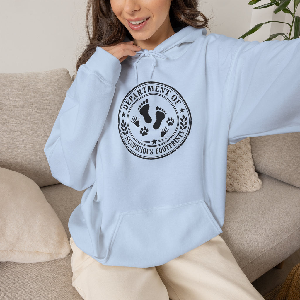 Department of Suspicious Footprints Hoodie | Bigfoot, Raccoon & Cat Cryptid Sweatshirt