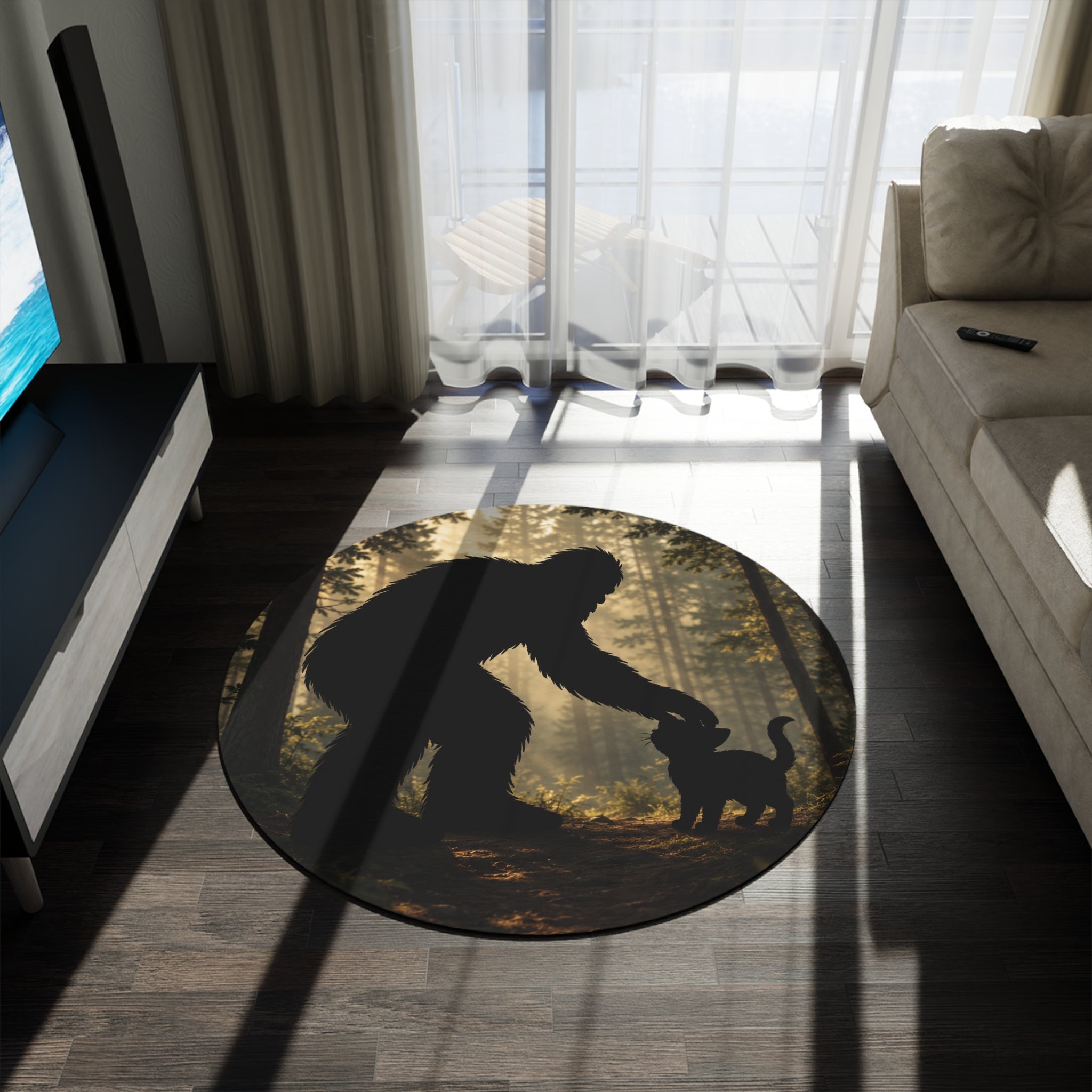 Bigfoot & Cat Unexpected Friends Round Rug