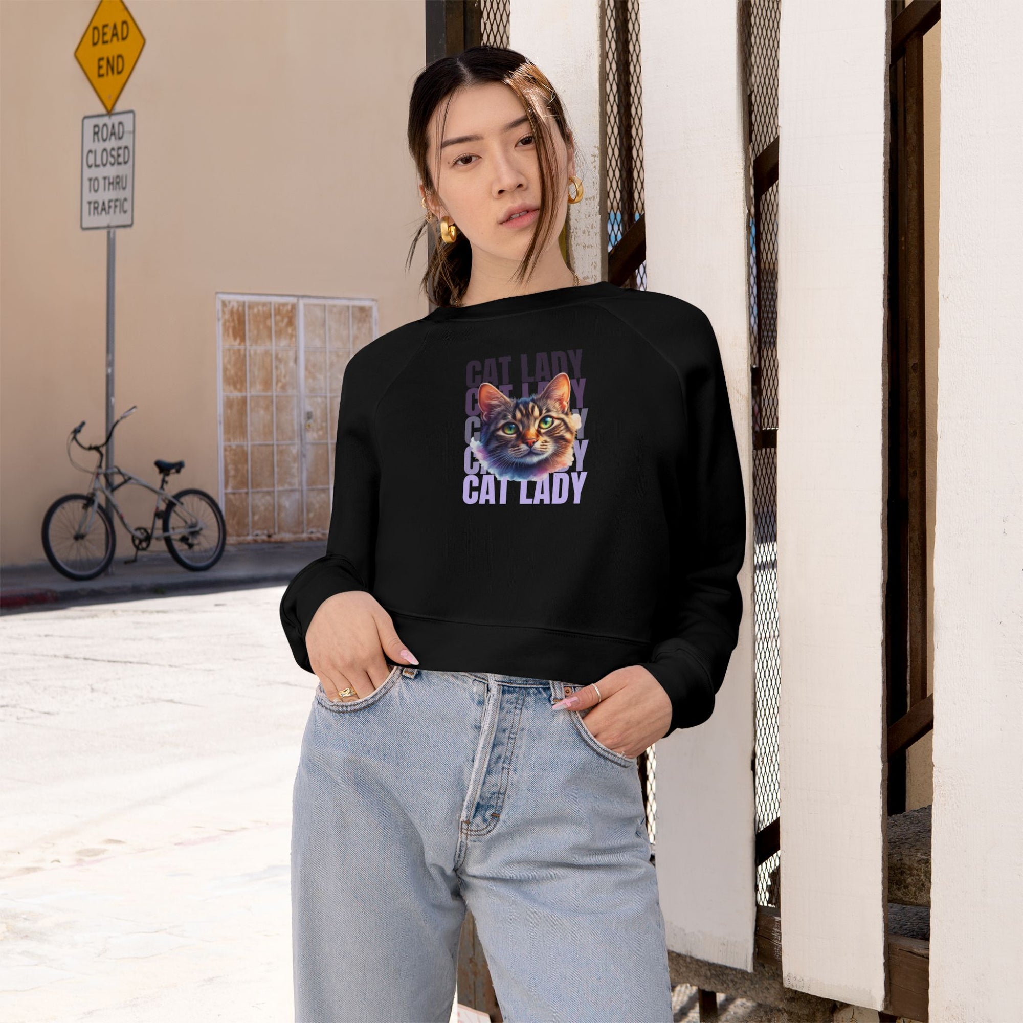 Colorful Cat Lady Cropped Fleece Pullover - Cozy Sweatshirt for Cat Lovers