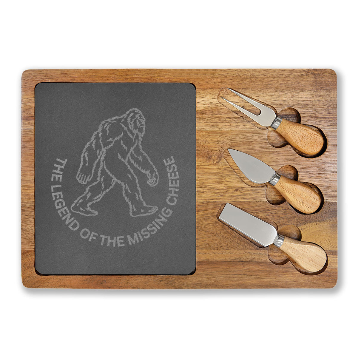 Bigfoot Charcuterie Board | The Legend of the Missing Cheese | Engraved Slate & Acacia Wood Cheese Board