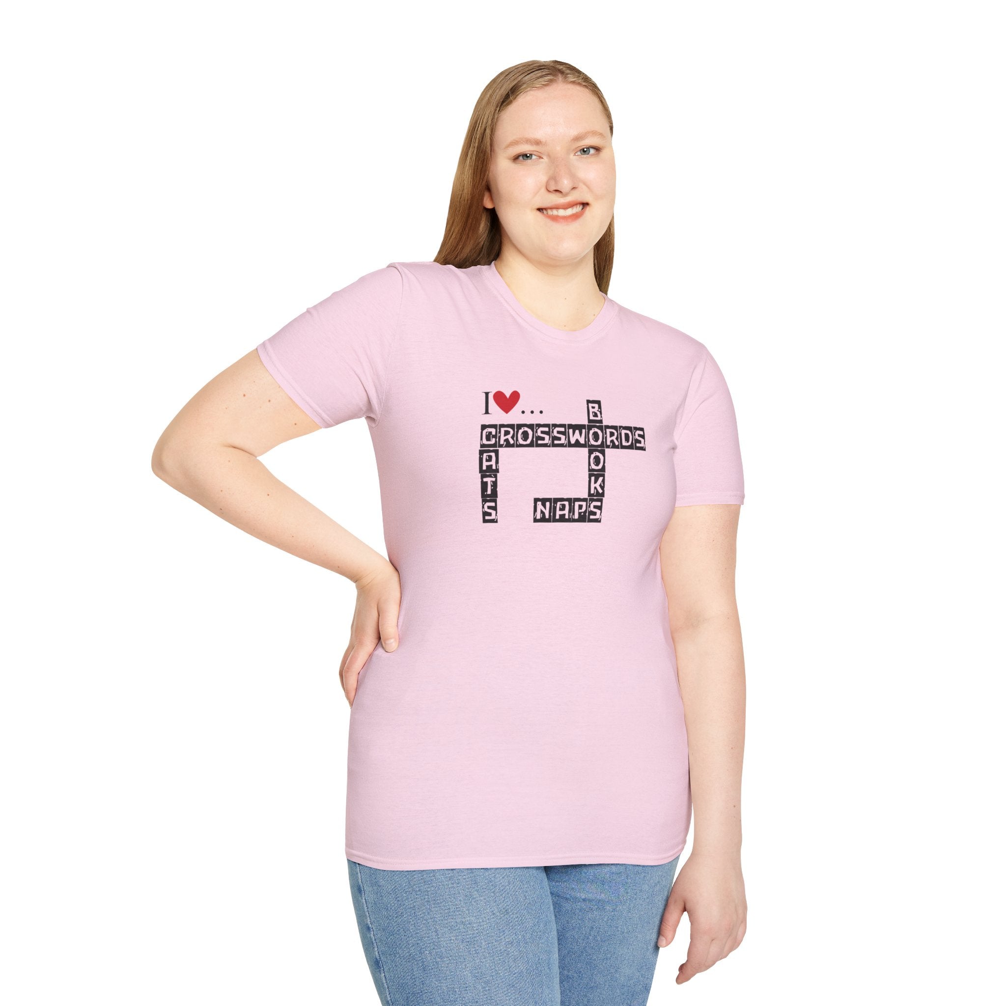 Photo depicting the ​Crosswords and Cats Unisex Softstyle T-Shirt from EpiAl's Shop.