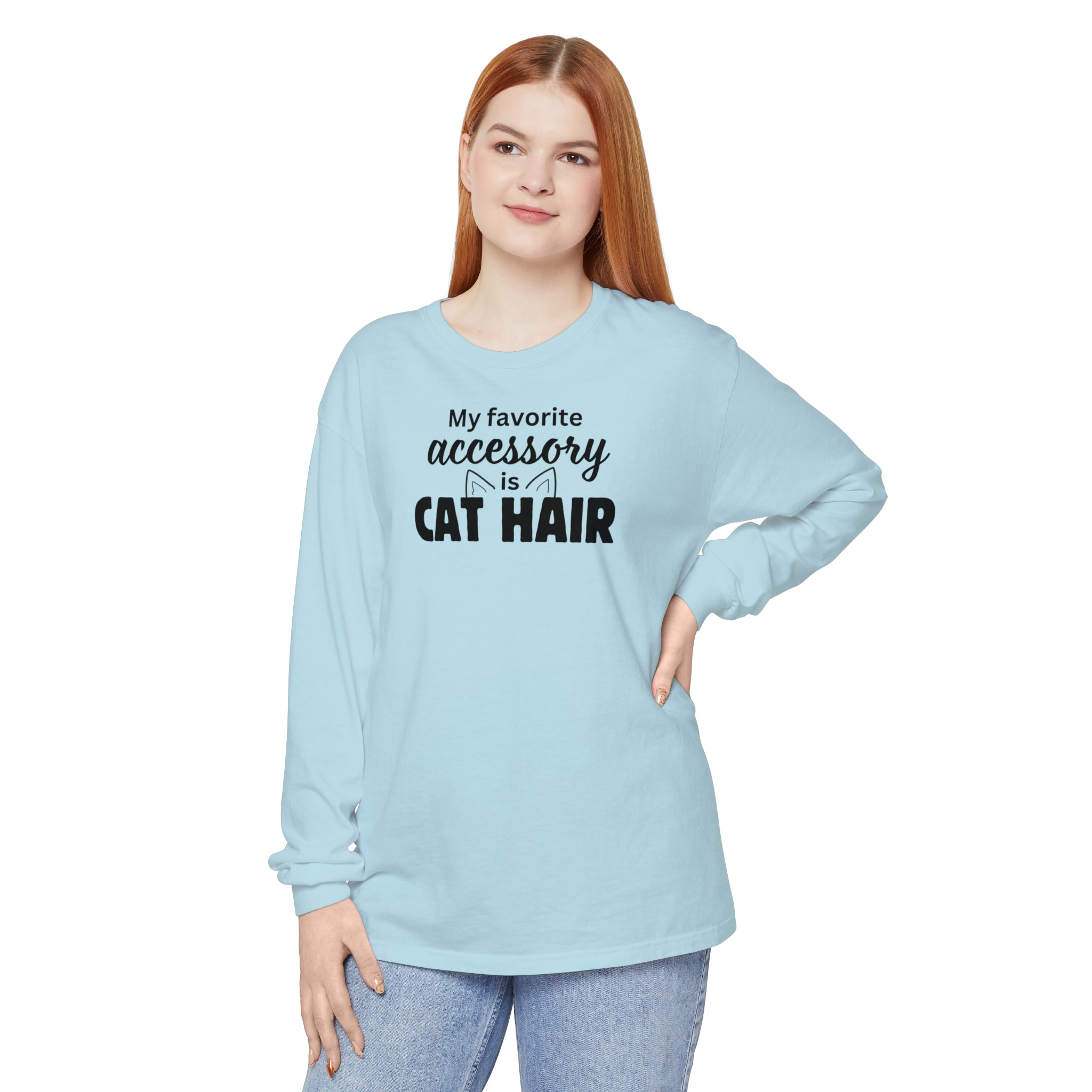Photo depicting the ​Cat Hair Accessorized Unisex Garment-dyed Long Sleeve T-Shirt from EpiAl's Shop.