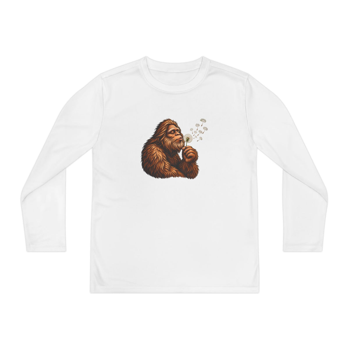Bigfoot Blowing Dandelion Youth Long Sleeve Tee | Kids Sasquatch Shirt