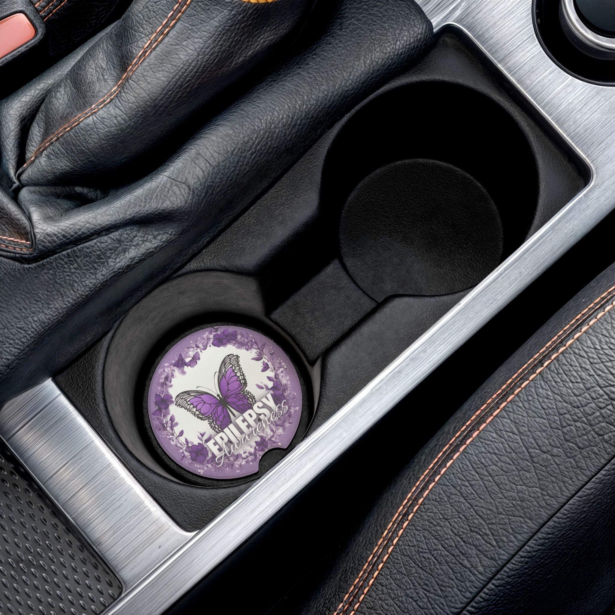 Photo depicting the ​Epilepsy Awareness Butterfly Soapstone Car Coaster from EpiAl's Shop.