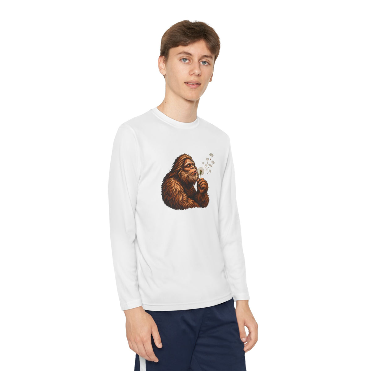 Bigfoot Blowing Dandelion Youth Long Sleeve Tee | Kids Sasquatch Shirt