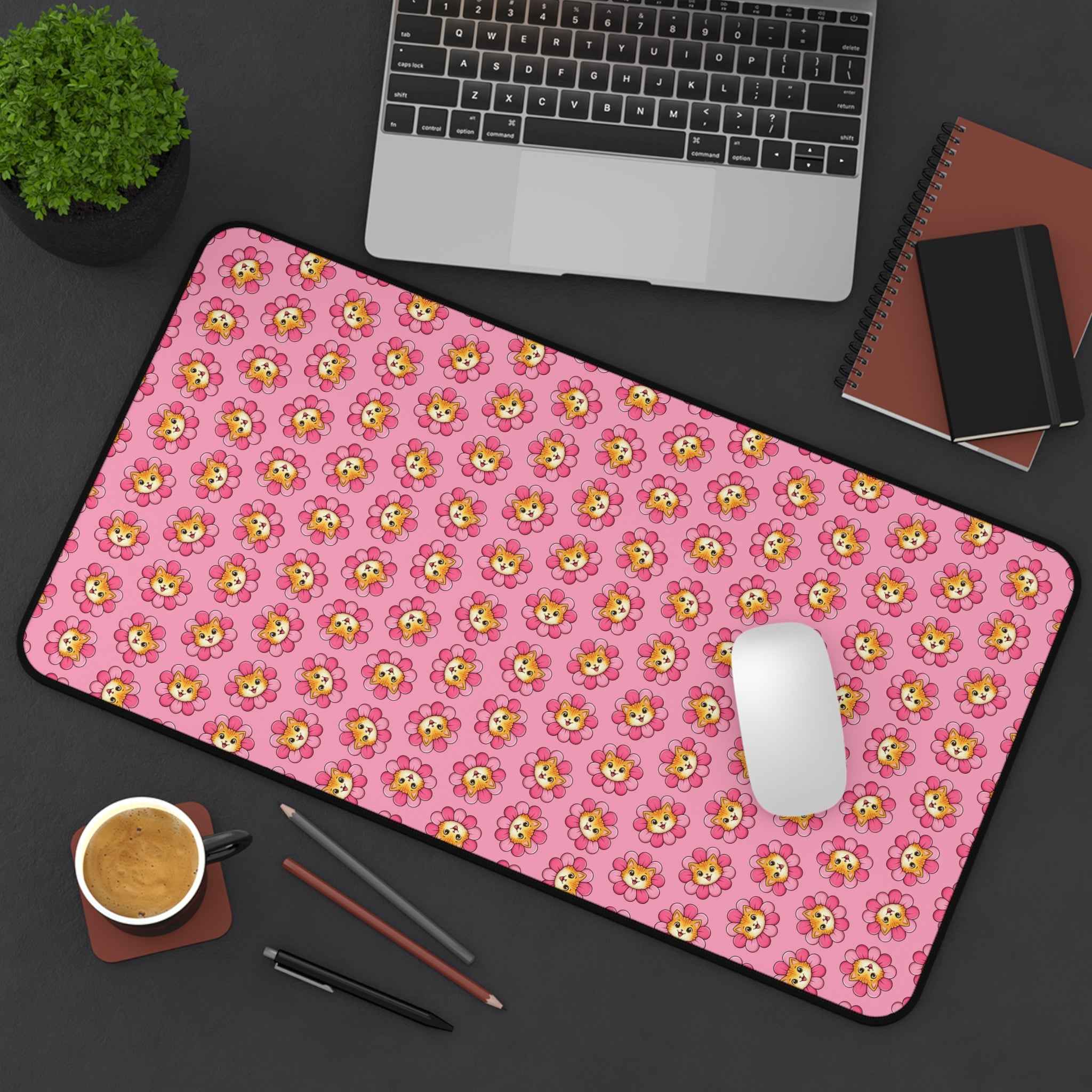 Blooming Chaos Pink Cat Pattern Desk Mat