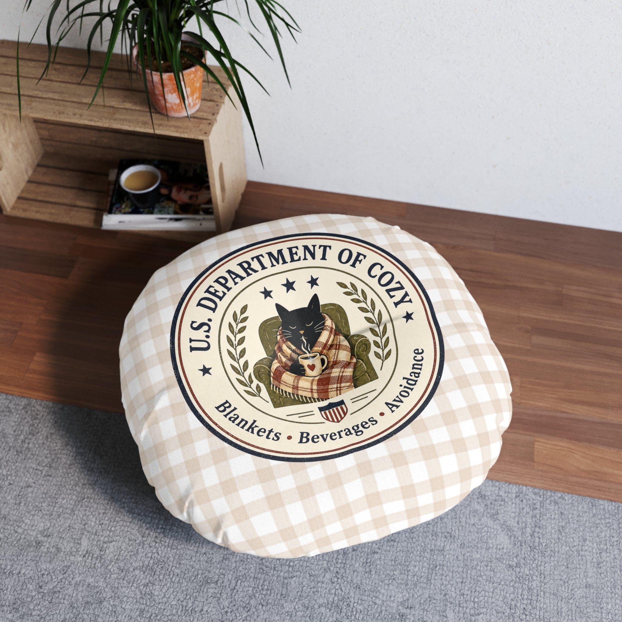 U.S. Department of Cozy Round Floor Pillow | Cozy Cat Gingham Cushion