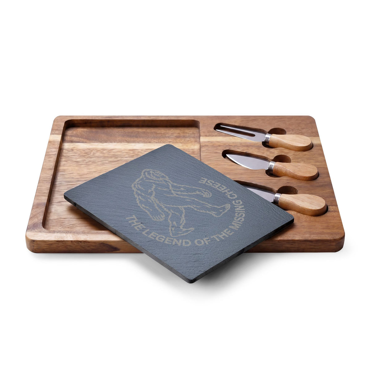 Bigfoot Charcuterie Board | The Legend of the Missing Cheese | Engraved Slate & Acacia Wood Cheese Board