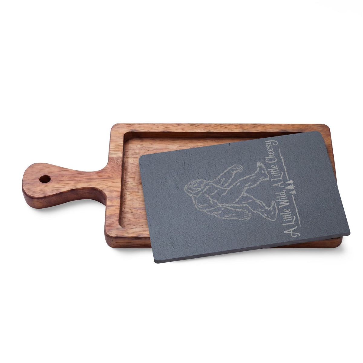 Bigfoot Charcuterie Board | A Little Wild, A Little Cheesy | Engraved Slate & Acacia Wood Cheese Board