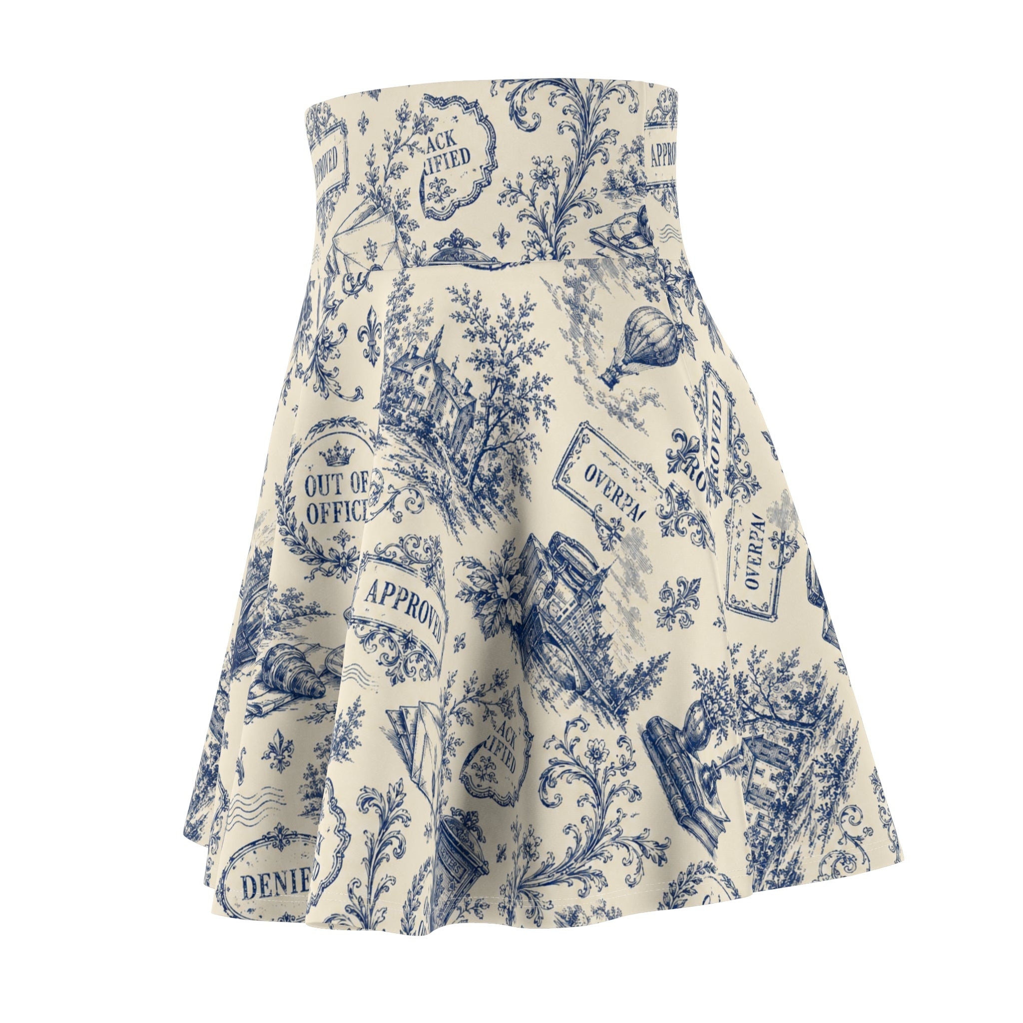 Vintage Office Toile Skater Skirt – Blue and Ivory High-Waisted Flared Skirt