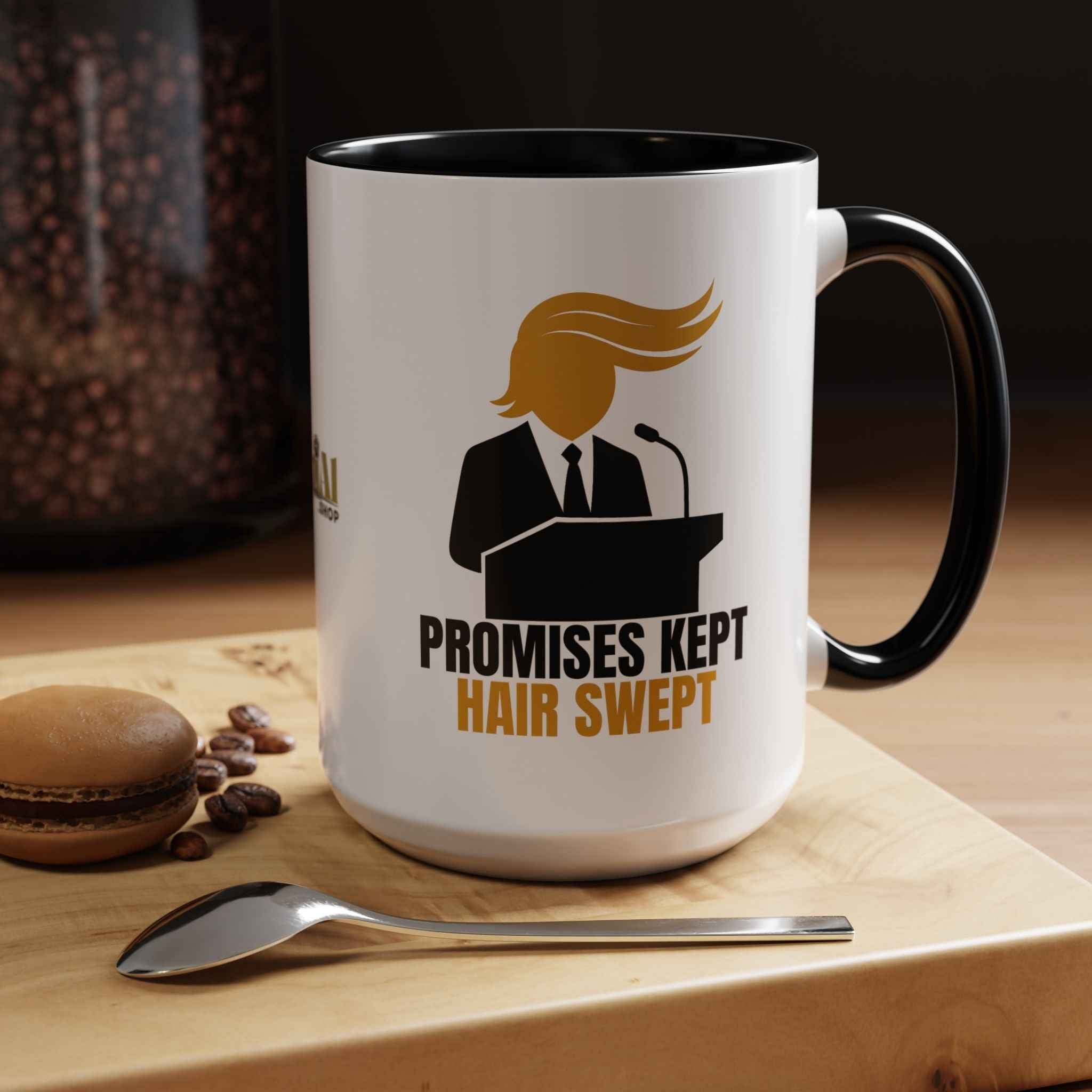 Promises Kept, Hair Swept — Two-Tone Coffee Mug (Political Parody)