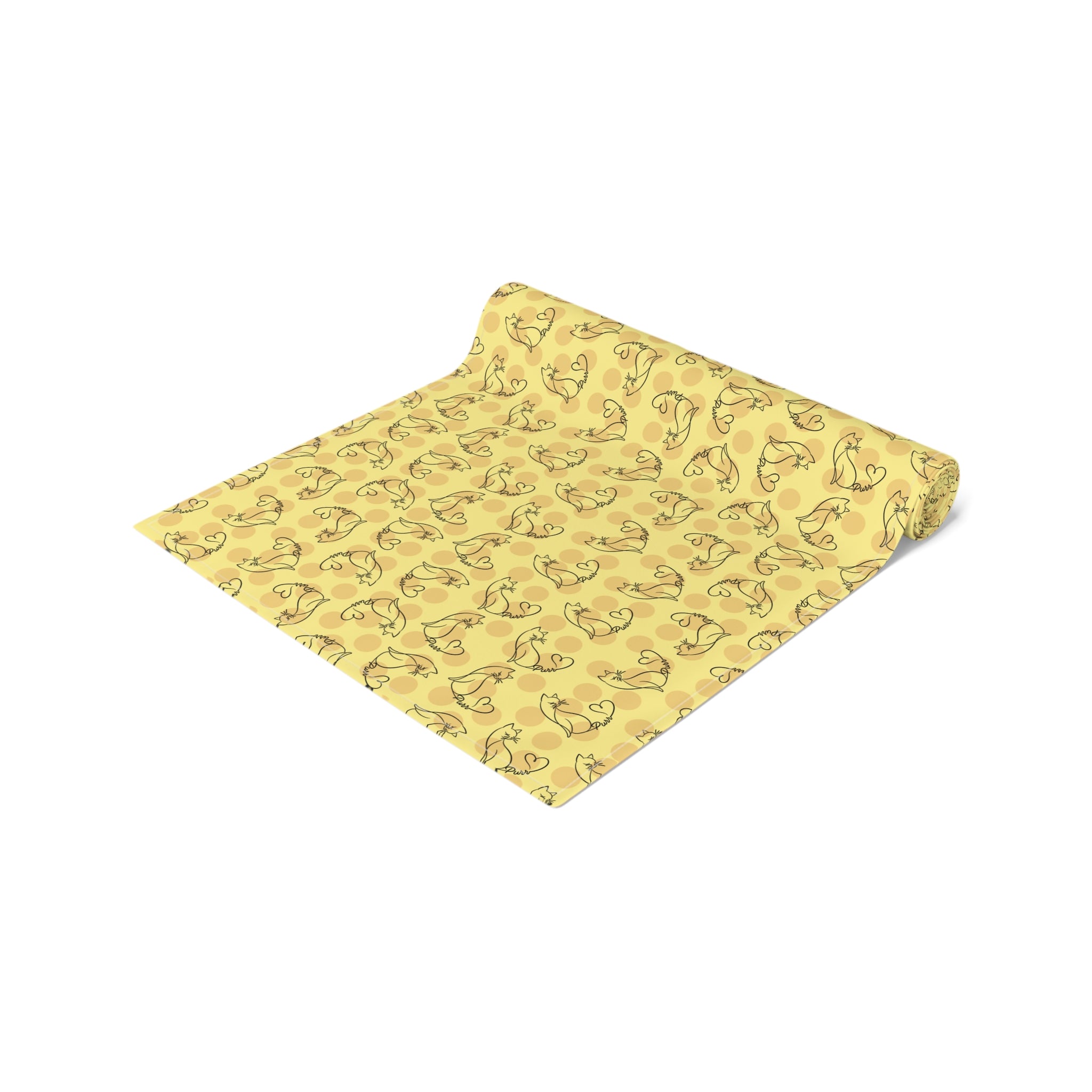 Golden Purr Cat Table Runner – Minimalist Line Art Polka Dot Design