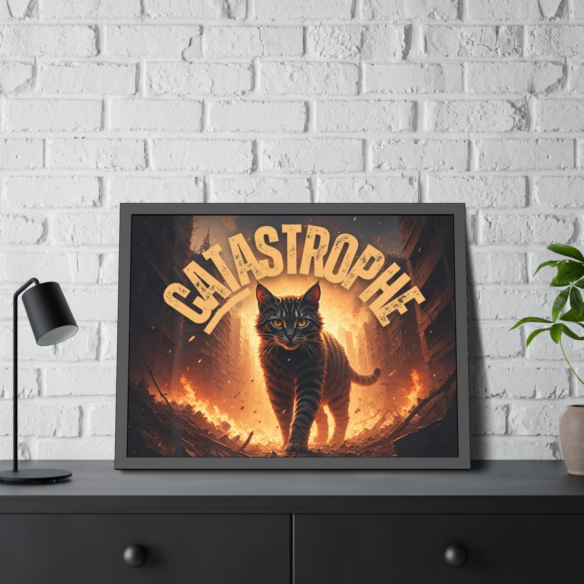 Framed Catastrophe Cat Poster Art, Quirky Cat Artwork