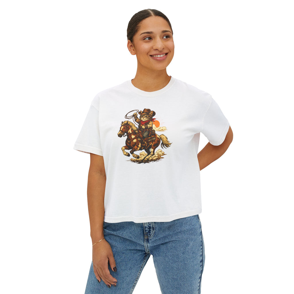 Cowboy Cat Cropped Tee | Vintage Western Cat Boxy Crop Top