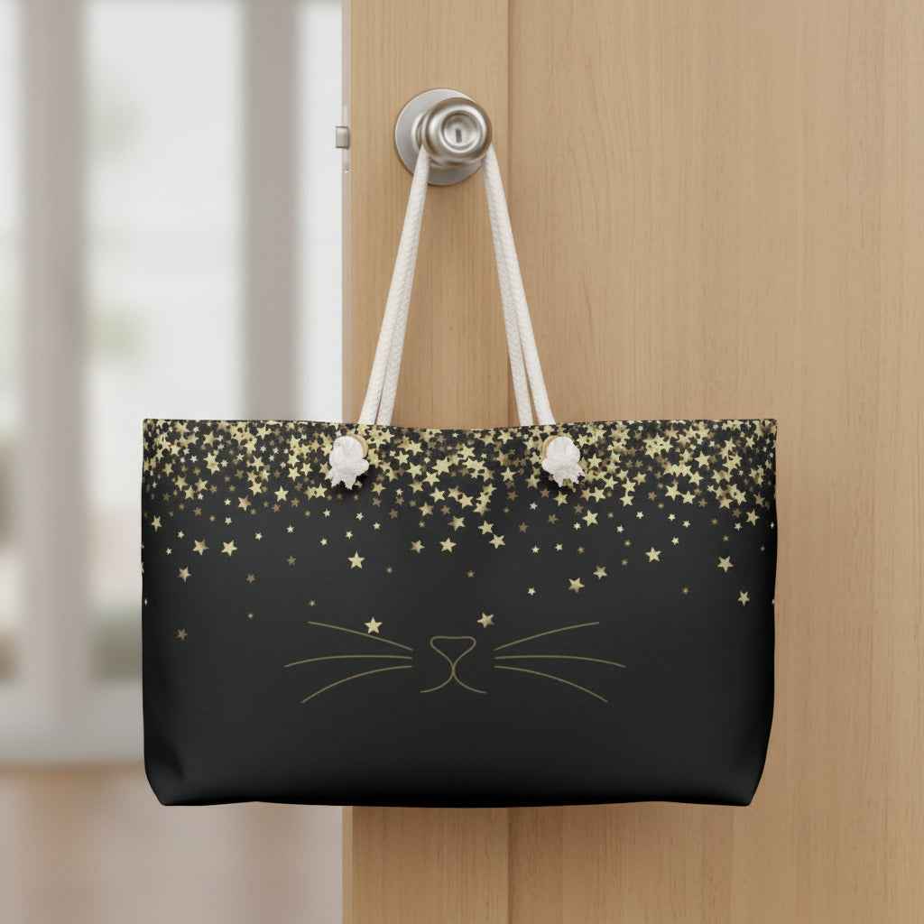 Midnight Whiskers Weekender Bag — Minimalist Cat Travel Tote