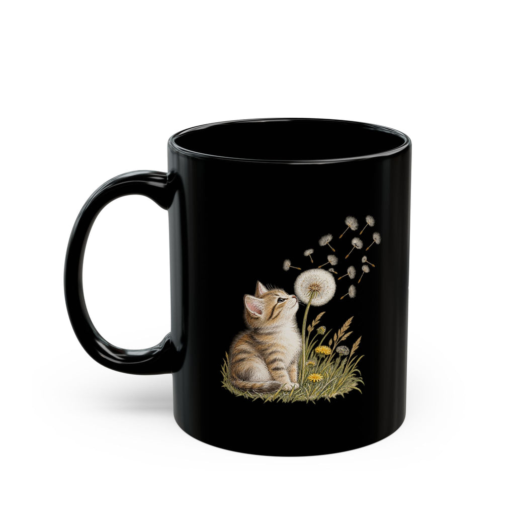 Kitten & Dandelion Black Ceramic Mug | Cat Lover Coffee Cup | 11oz & 15oz