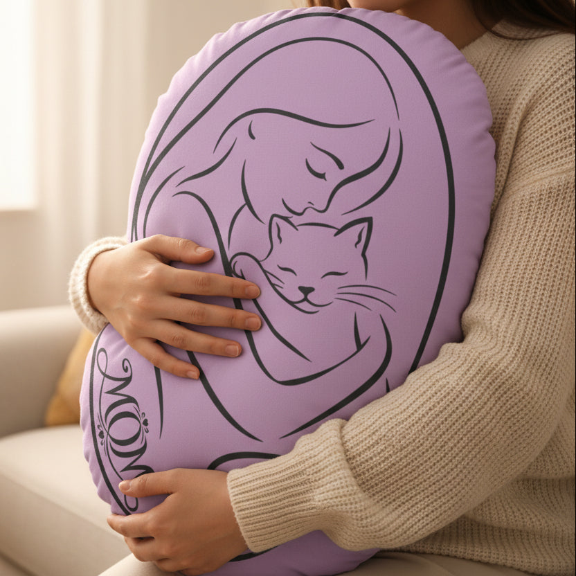 MOM Shaped Pillow | Woman & Cat Embrace | Mirror-Word Design