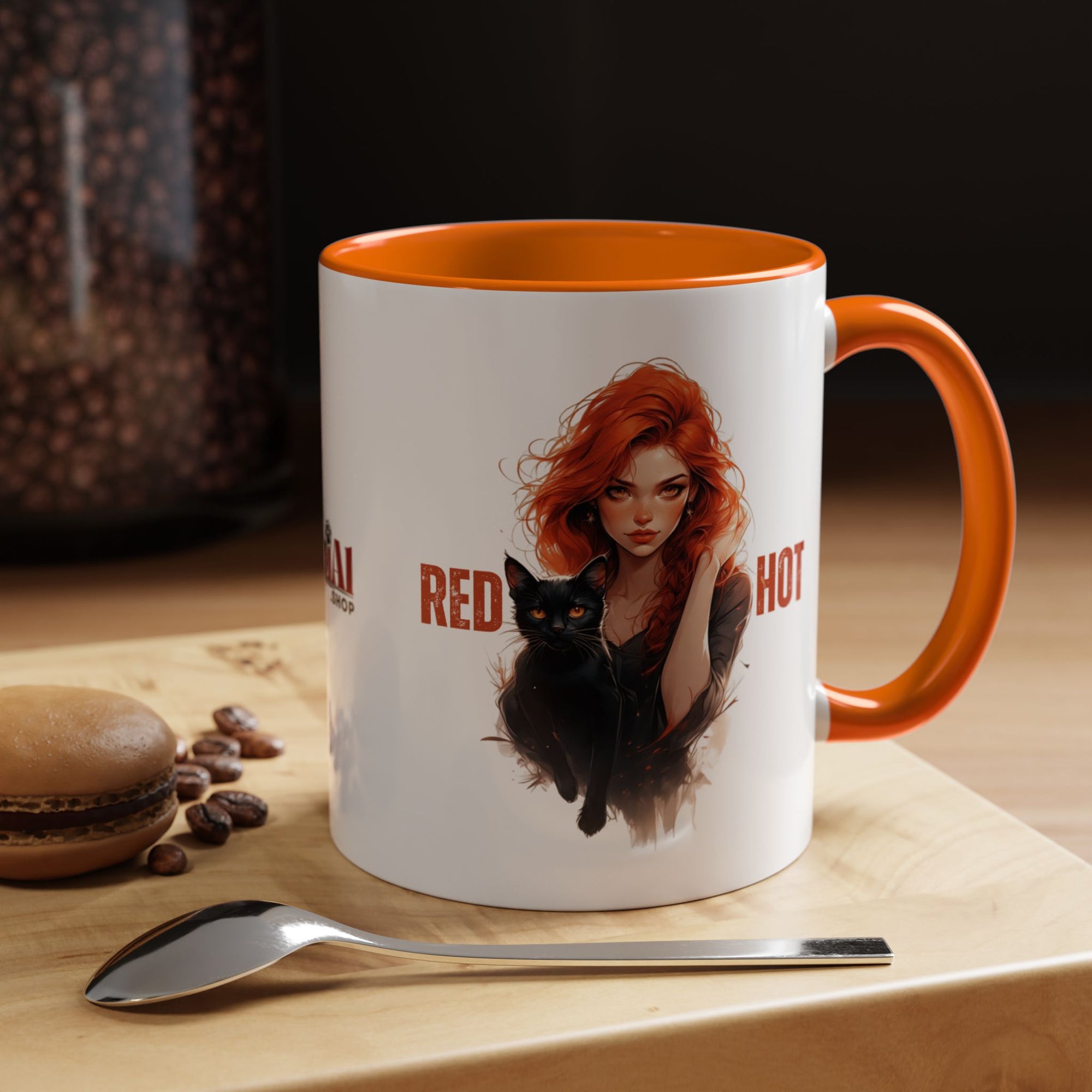 Red Hot Coffee Mug with Artistic Cat-Themed Design