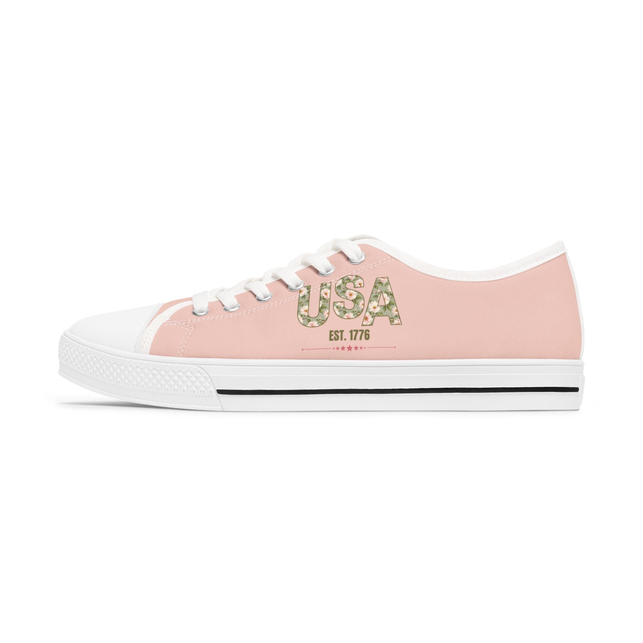 USA Est. 1776 Floral Patriotic Low Top Sneakers – Blush Pink Canvas Shoes
