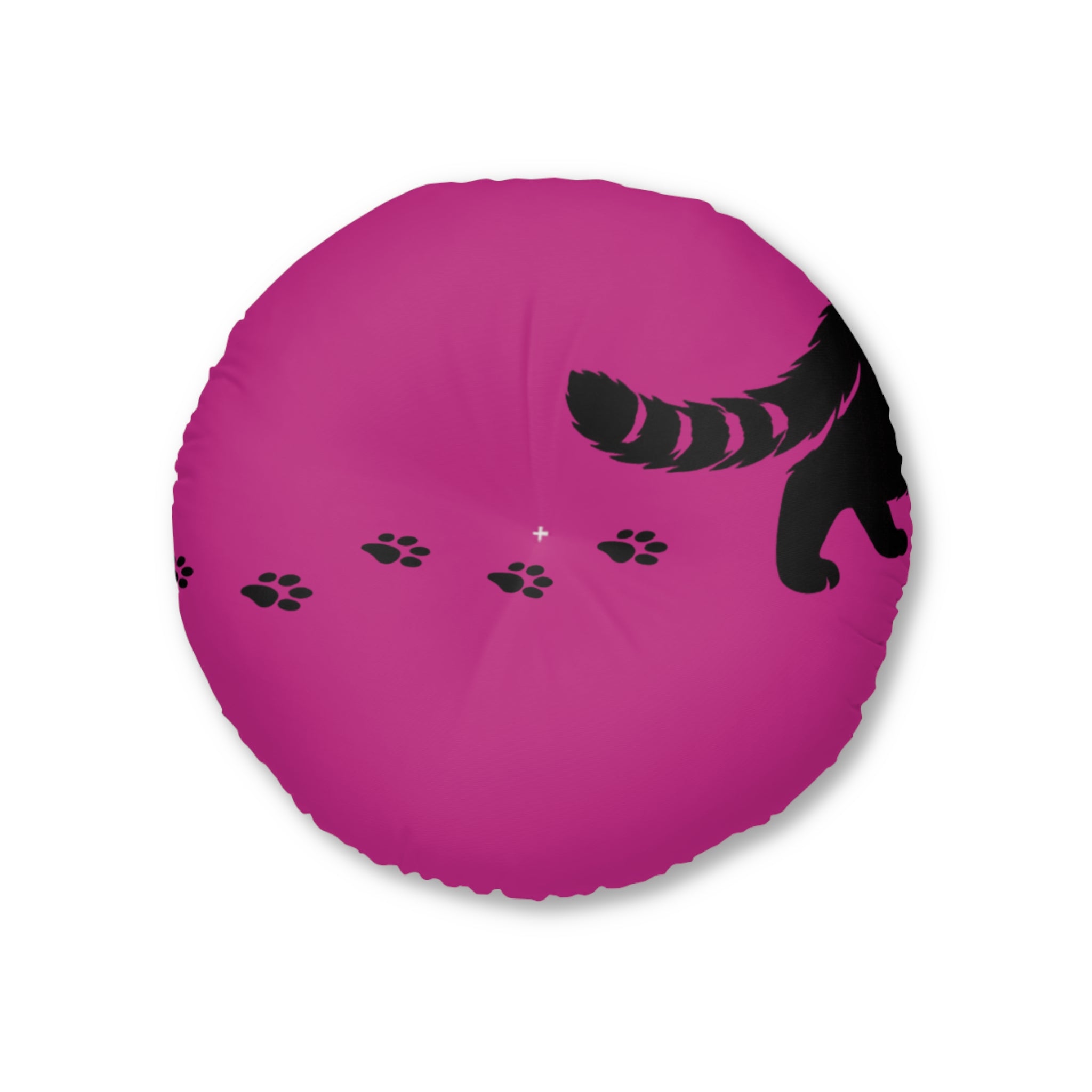 Midnight Cat Walk Round Floor Pillow – Hot Pink Paw Print Cushion (26" or 30")