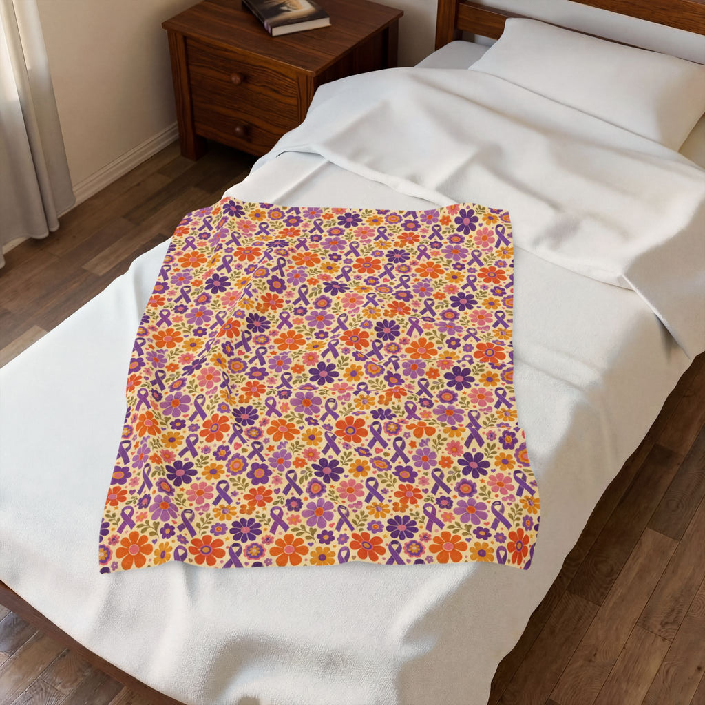 Retro Floral Epilepsy Awareness Plush Blanket | Purple Ribbon Throw