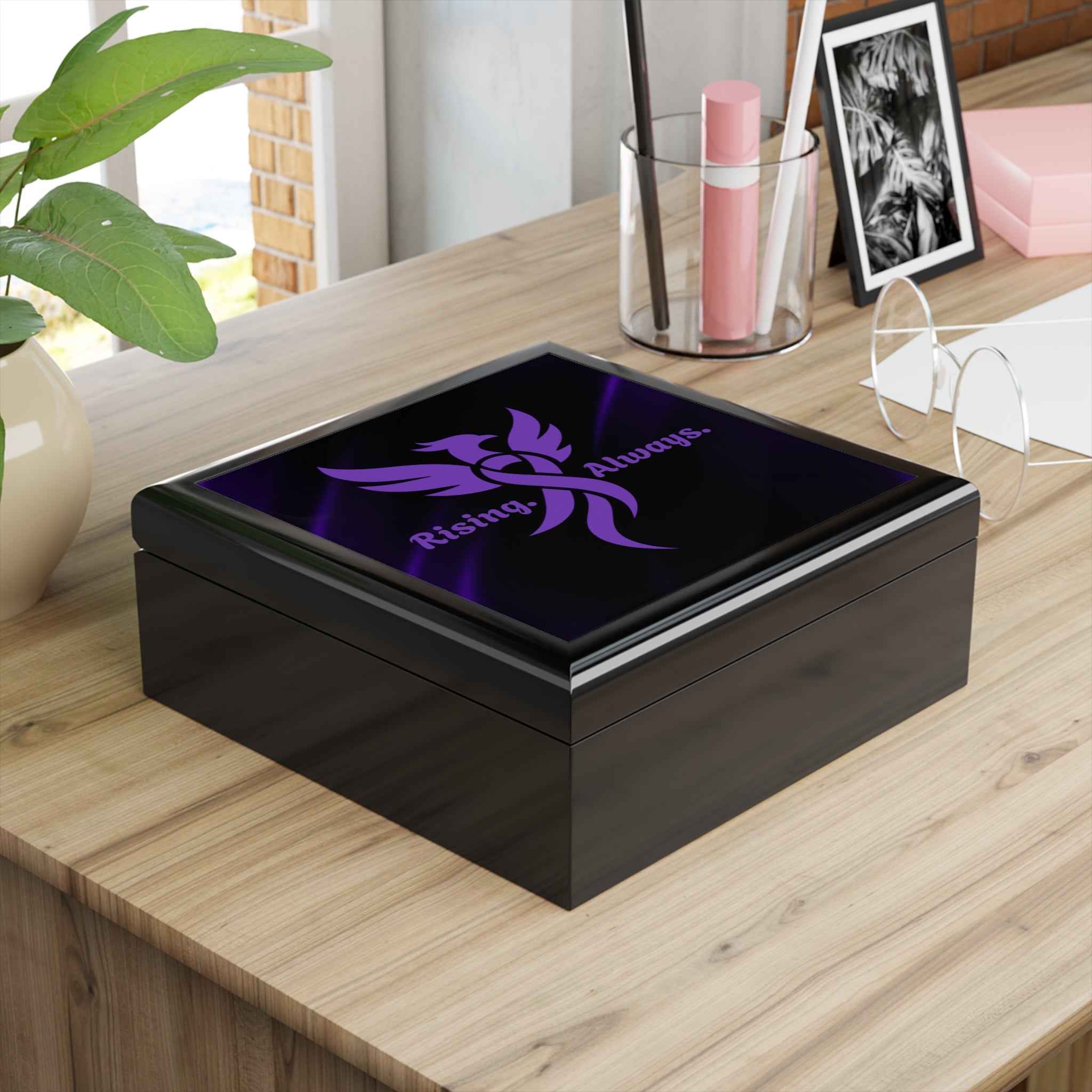“Rising. Always.” Purple Phoenix Epilepsy-Awareness Jewelry Box