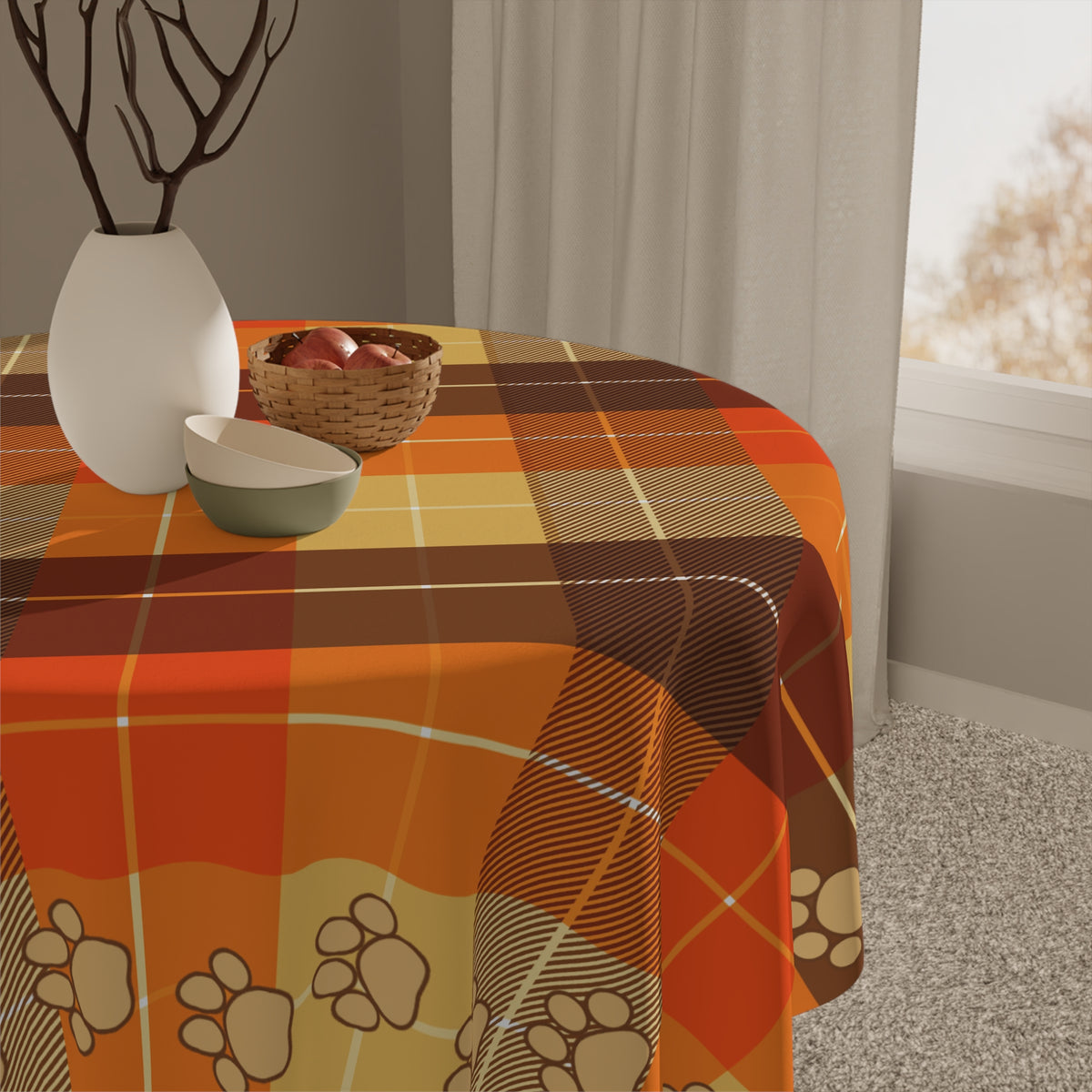 Cozy Autumn Plaid Tablecloth with Paw Prints for Pet Lovers
