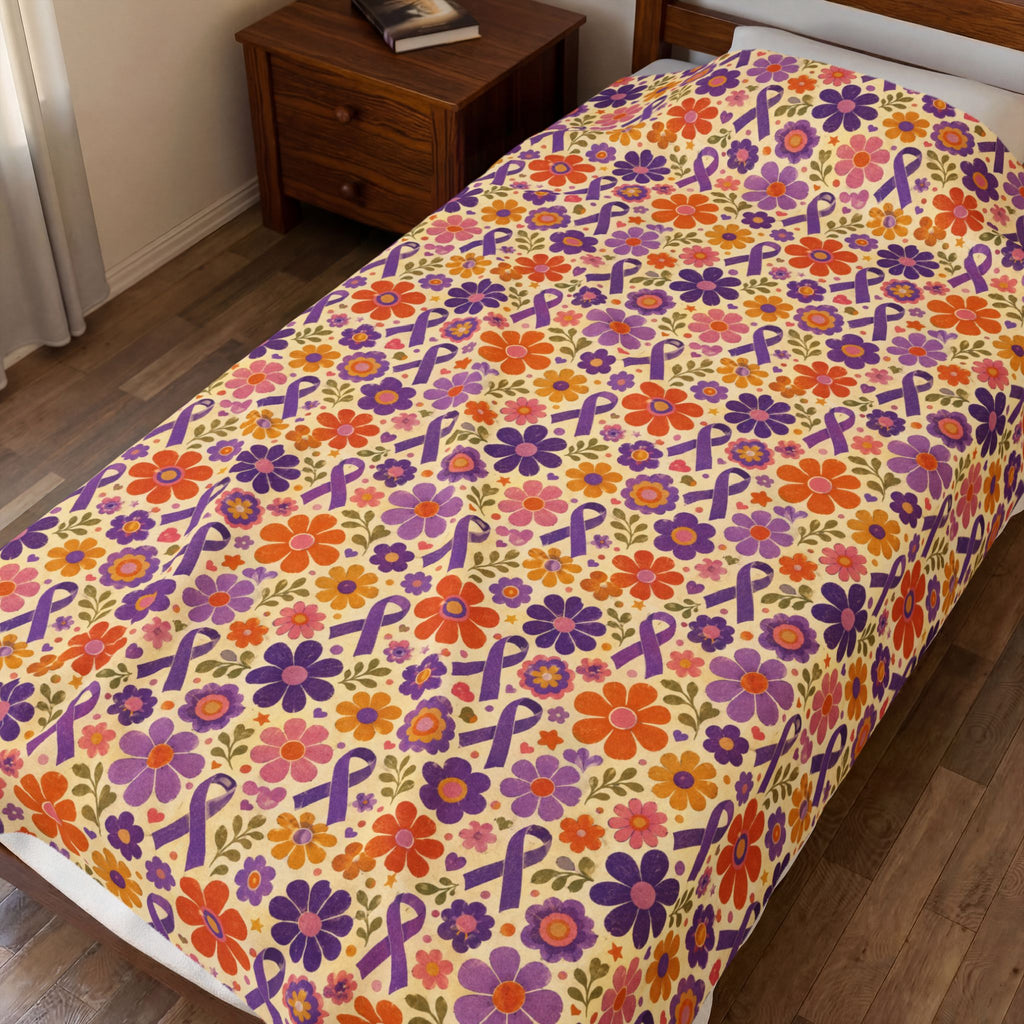 Retro Floral Epilepsy Awareness Plush Blanket | Purple Ribbon Throw