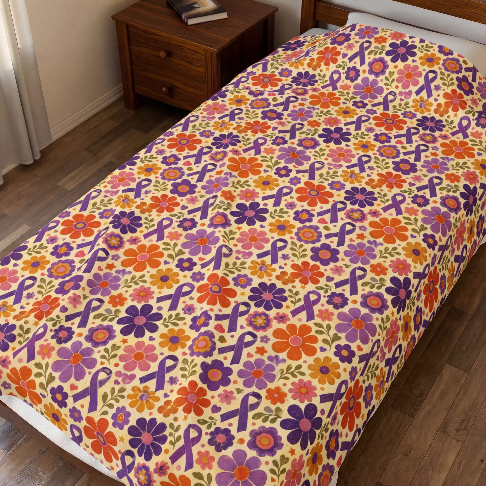 Retro Floral Epilepsy Awareness Plush Blanket | Purple Ribbon Throw