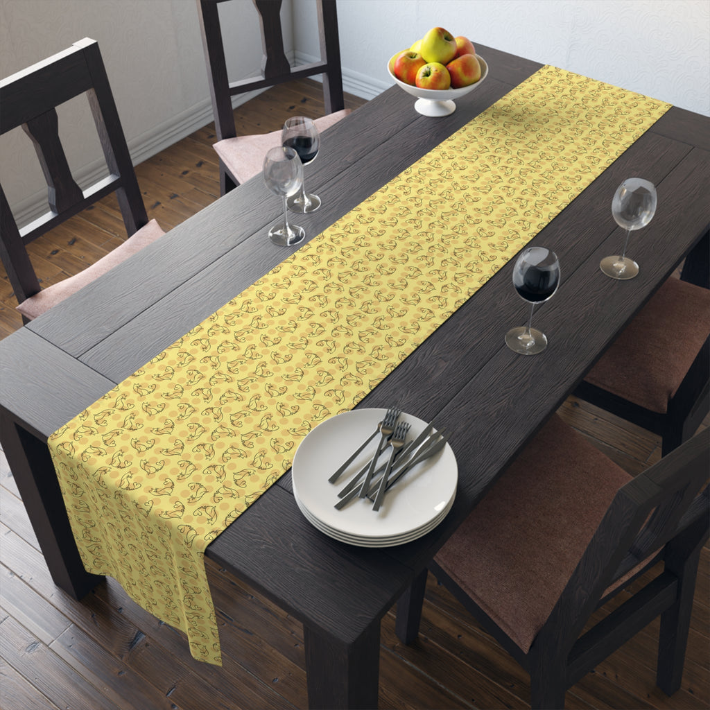 Golden Purr Cat Table Runner – Minimalist Line Art Polka Dot Design