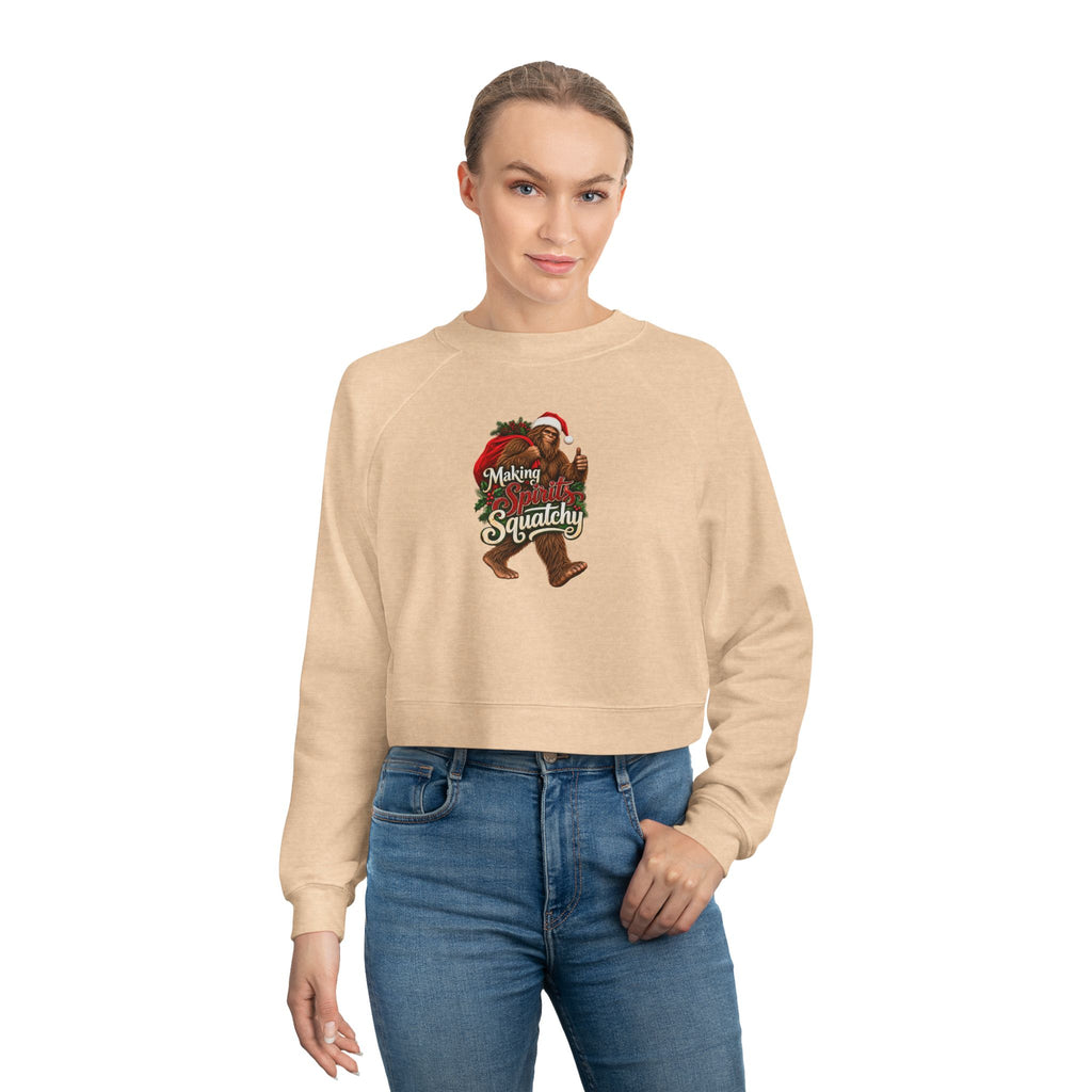 Making Spirits Squatchy Women's Cropped Christmas Sweatshirt | Santa Bigfoot Fleece Pullover