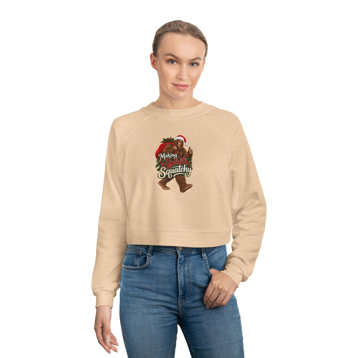 Making Spirits Squatchy Women's Cropped Christmas Sweatshirt | Santa Bigfoot Fleece Pullover