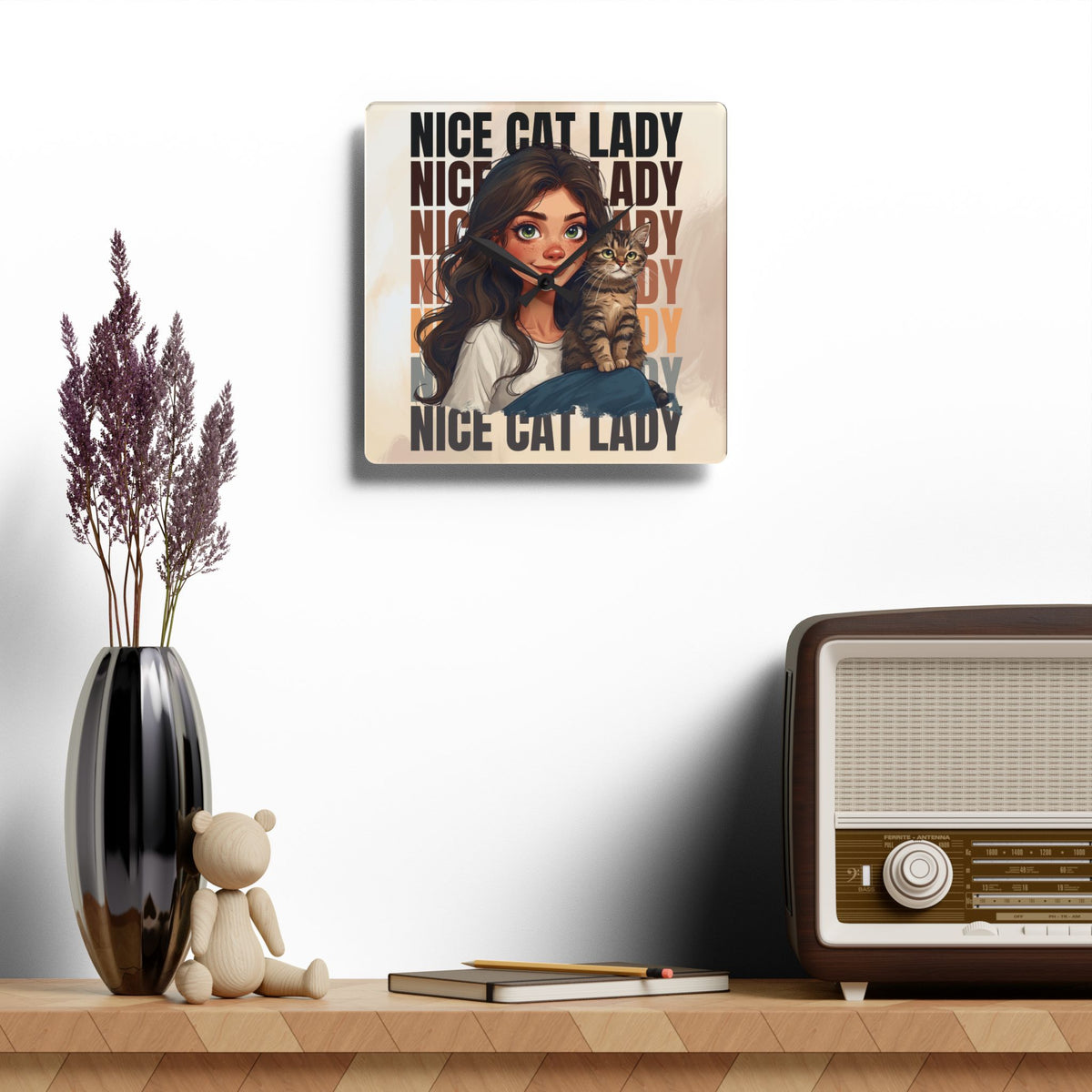 Nice Cat Lady Acrylic Wall Clock, Cute Cat Decor